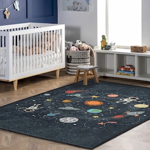 Kids Space Rug with Planets, Rocket Astronaut - Soft Nursery Carpet, Educational Play Mat, Cozy Bedroom Decor, Durable Toddler Floor Rug