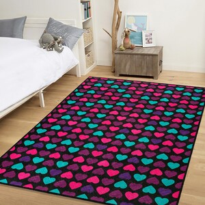 Bunter Herz Kinderteppich - Schwarzer Hintergrund Spielmatte mit Neon Pink - Blauen Herzen Weicher Kindergartenteppich für Kleinkindzimmer - Baby Mädchen Dekor