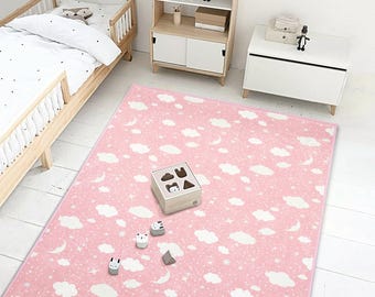 ピンククラウド ナーサリーラグ - ソフトな子供用カーペット、月
