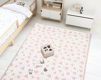 Pink Heart Nursery Rug: Soft Polka Dot Baby Girl Room Decor