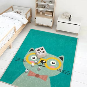 Blauwgroen kattendeken katten – Cartoon kattenkamertapijt met gele glazen - Vlinderdas | Zachte dierenmat voor peuterkamer - speelkamerinrichting
