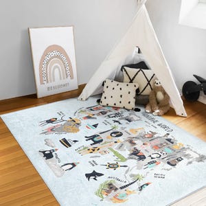 Tapis carte du monde animal|Tapis animaux de chambre d'enfant|Tapis colorés pour aire de jeux|Tapis lavables en machine|Tapis rectangulaire pour chambre d'enfant|Tapis de jeu pour enfants