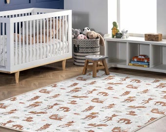 Woodland Deer Nursery Rug – Soft Non-Slip Baby Room Carpet with  Fawn and Forest Animal Print, Ideal for Playroom or Gift