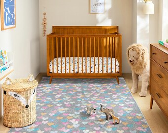 Pastel Heart Kids Rug: Soft, Washable Nursery Playroom Decor