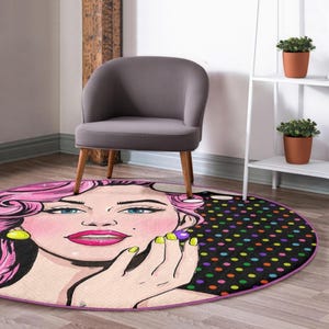 Pop Art Girl Round Rug – Colorful Cartoon Face, Retro Comic Style Mat for Kids Room, Nursery, Teen Decor, Gift for Girls