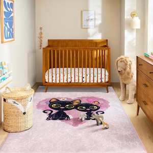 かわいい黒猫の保育園ラグ - ピンクの柔らかいカーペットと子猫 - ハート、幼児の女の子のプレイマット、動物をテーマにした子供部屋の床の装飾