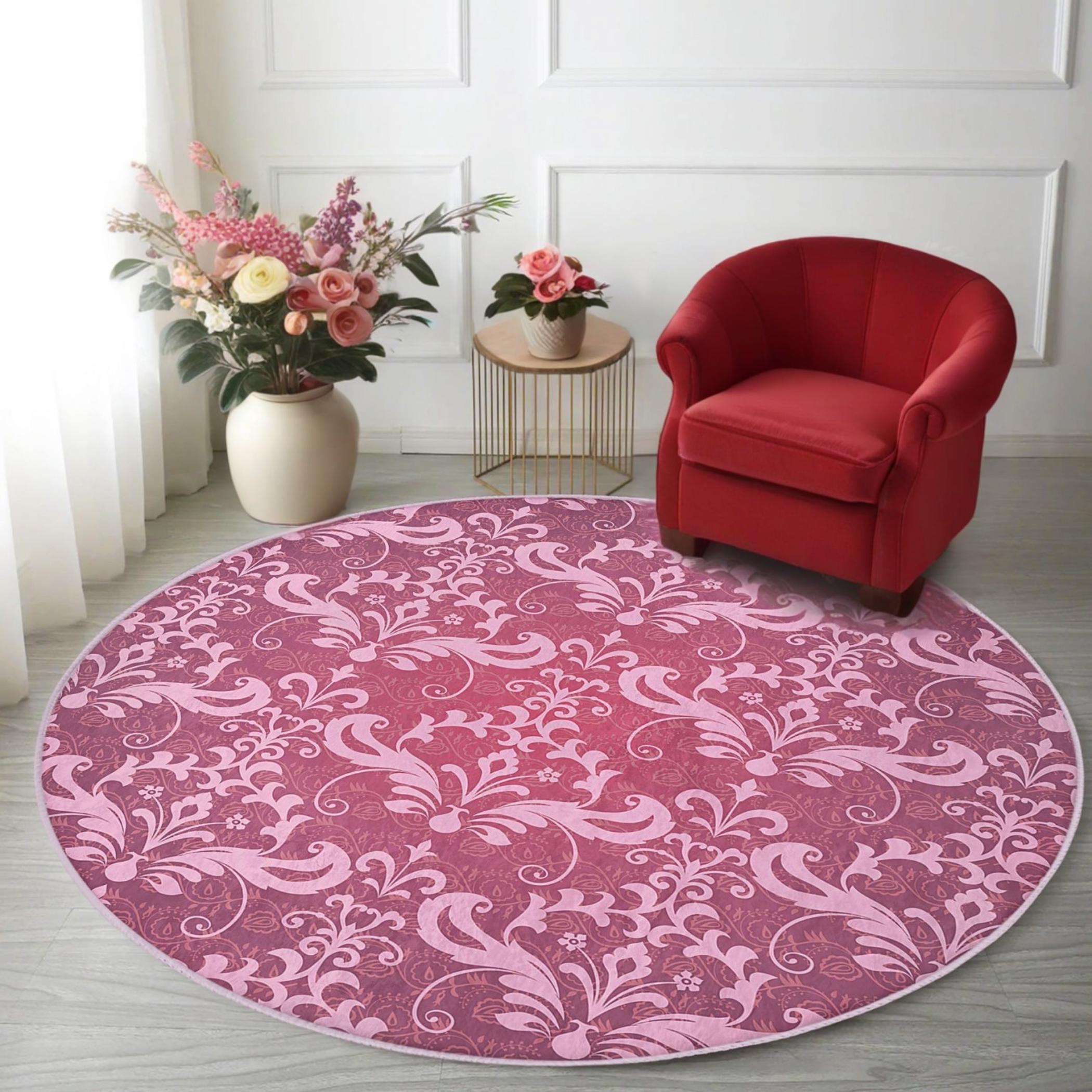 Round Baroque Rug Pink Floral Round Rug: Baroque Vintage Style Accent Mat - Etsy