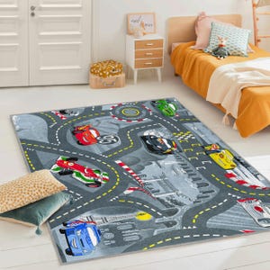 Kids Car Rug with Race Track & Vehicles - Soft Nursery Carpet, Cozy Playroom Mat, Durable Toddler Floor Rug, Fun Bedroom Decor for Children