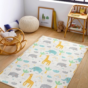 Safari Animal Nursery Rug – Soft Baby Room Carpet with Giraffe, Elephant - Rainbow for Kids Playroom, Toddler Mat - Shower Gift