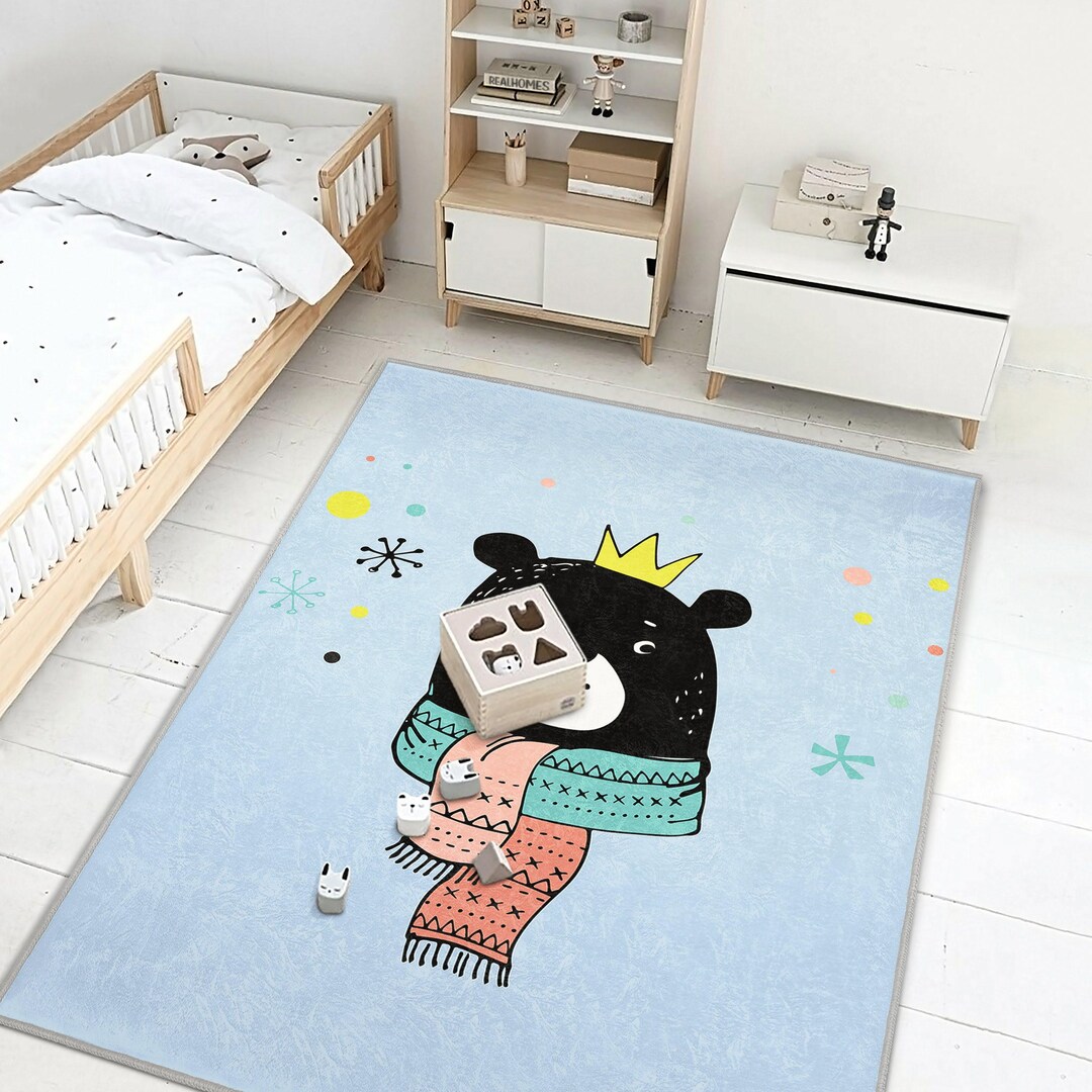 Crowned Bear Nursery Rug: Soft Blue Kids Play Mat - Etsy