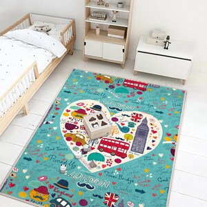 Tappeto per bambini a tema Londra - Tappeto con il cuore dell'Inghilterra e icone del Regno Unito, Big Ben e Union Jack / Tappeto da gioco da viaggio per bambini piccoli - Cameretta dei bambini