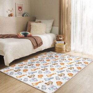 Alfombra de safari para habitación de bebé: suave alfombra de jungla con león, elefante, mono y jirafa, ideal para habitación de bebé, sala de juegos o como regalo para baby shower.