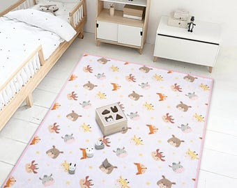 Woodland Animal Kids Rug – Soft Non Slip Nursery Carpet | Forest Baby Play Mat | Toddler Room Decor | Boys Girls Floor Gift