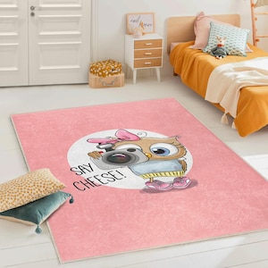 Cute Pink Kids Rug, Camera Puppy  Nursery Playroom Carpet Say Cheese Animal Print  Soft Baby Girl Decor  Playmat Gift  Toddler Room Rug