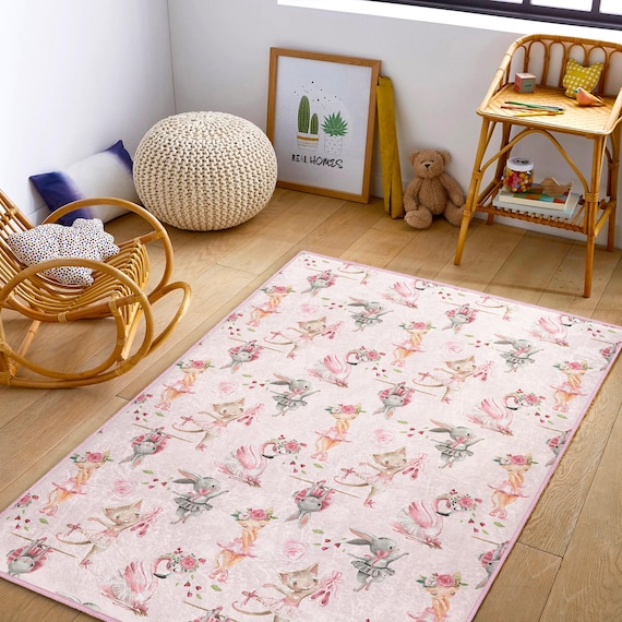 Ballerina Animal Rug Soft Pink Nursery Carpet With Deer, Bunny