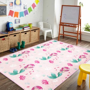 Mermaid Nursery Rug – Soft Non-Slip Kids Carpet with Pink Mermaid - Sea Elements | Baby Girl Play Mat for Toddler Room - Ocean Theme Decor