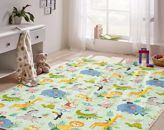 Jungle Safari Animal Rug – Soft Kids Carpet with Lion, Giraffe, Elephant - Zebra – Playroom Mat, Nursery Decor, Baby Gift