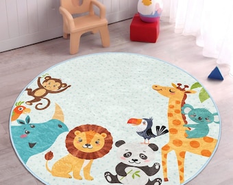 Safari Animal Kids Rug: Round Jungle Nursery Playroom Carpet