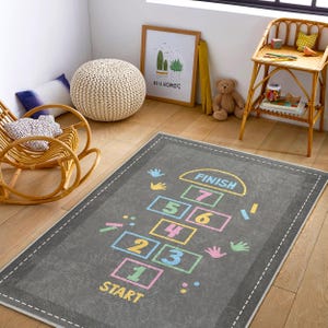 Kids Game Rug Colorful Hopscotch Mat on Chalkboard Style Interactive Hopscotch Carpet: Chalk Design Play Rug for Children