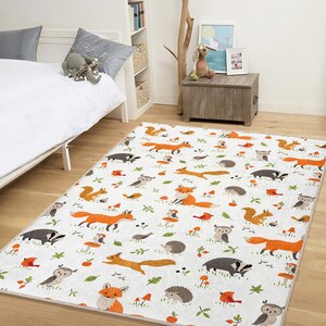 Alfombra caprichosa con animales del bosque – Alfombra suave para habitación infantil con zorro, ciervo y erizo – Tapete para sala de juegos infantil – Ideal para baby shower imagen 6