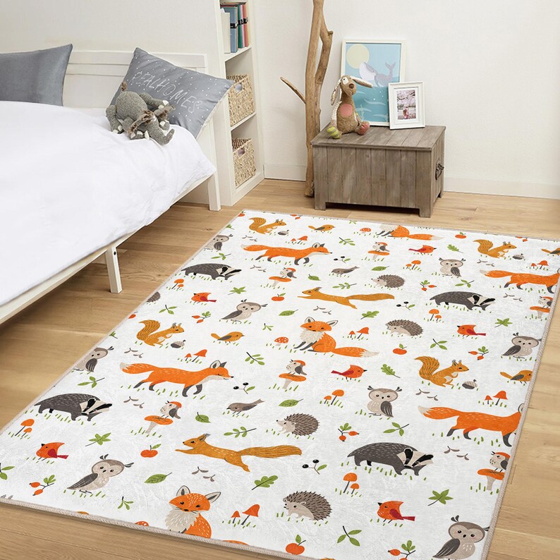 Alfombra caprichosa con animales del bosque – Alfombra suave para habitación infantil con zorro, ciervo y erizo – Tapete para sala de juegos infantil – Ideal para baby shower imagen 6