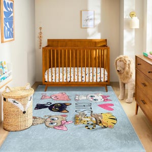 Niedlicher Cartoon Katzenteppich für Kinderzimmer, Weicher Teppich mit Tiger - Kätzchen Druck, Spielzimmerdeko, Geschenkidee für Babyparty