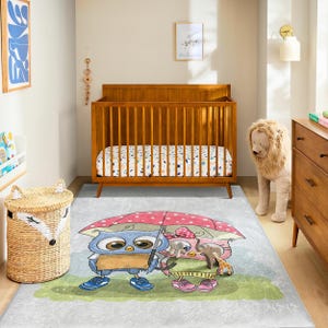 Alfombra infantil con diseño de pareja de búhos: alfombra infantil de dibujos animados con diseño de paraguas, suave y antideslizante, ideal para baby shower.