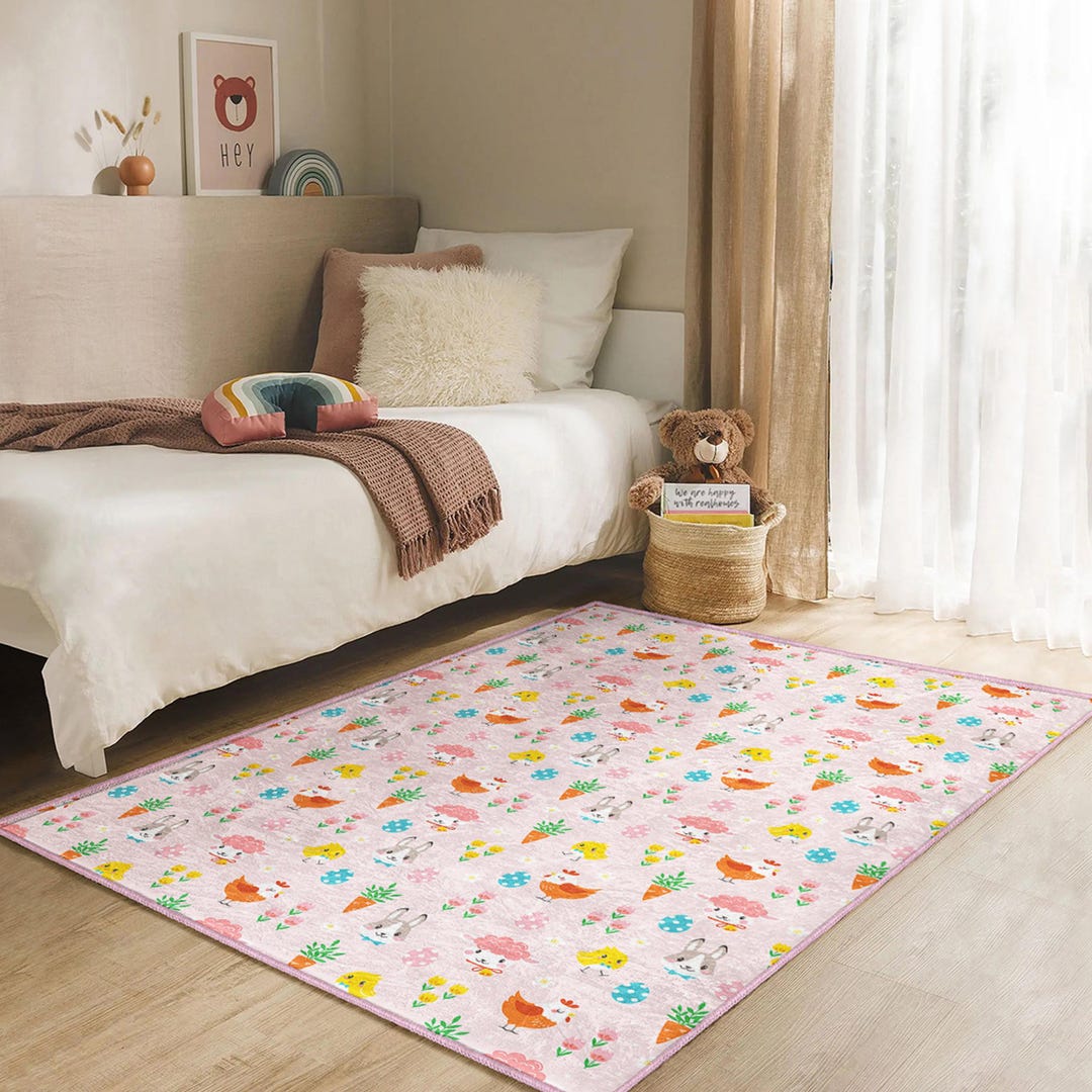 Pink Rabbit Mat Bunny Carrot Kids Rug - Soft Pink Nursery Carpet With Rabbits, Chicks ...