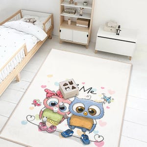 Weißer Eulen Paar Teppich Niedlicher Kinder Teppich für Kinderzimmer Spielzimmer Baby Mädchen Geschenk Weicher Tier Print Kinderteppich für Kinderzimmer
