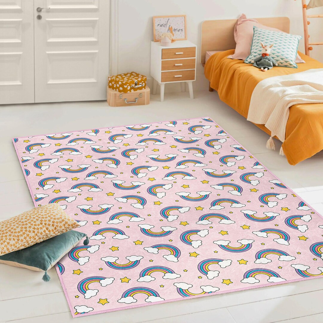 Pink Rainbow Pattern Rug Pink Rainbow Nursery Rug: Soft Microfiber Kids Playroom Carpet - Etsy