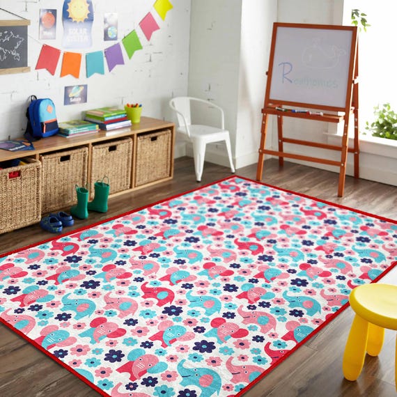 子供部屋用象柄ラグ|花柄幼児用カーペット|カラフルな動物柄滑り