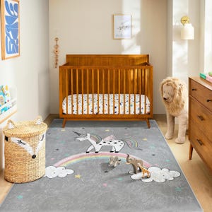 Alfombra de unicornio para habitación de niñas, alfombra arcoíris para guardería, tapete mágico para niños, decoración de estrellas y nubes pastel, un bonito regalo para niños pequeños.