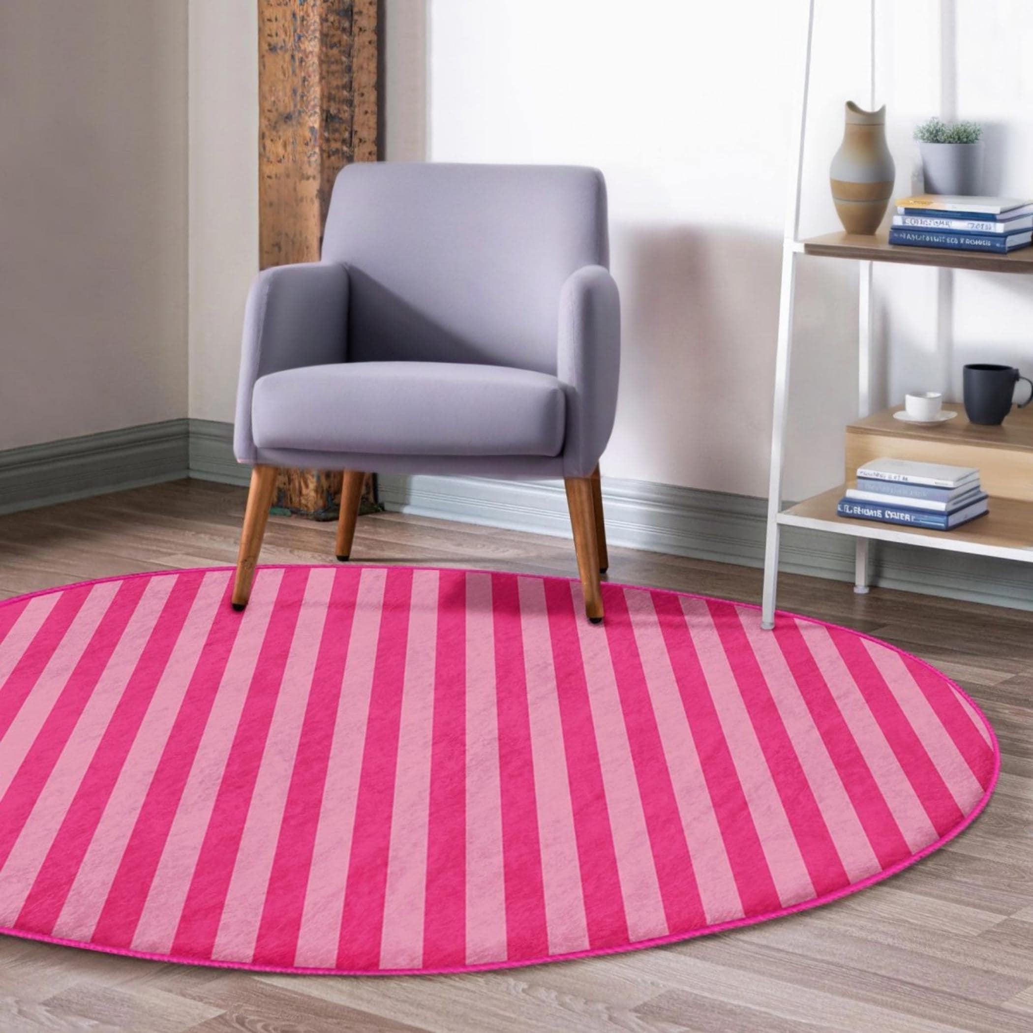 Pink Striped Round Rug, Modern Fuchsia Circle Area Carpet