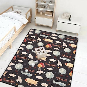 Airplane - Hot Air Balloon Kids Rug, Vintage Sky Nursery Carpet, Stars Clouds Playroom Mat, Boys Aviation Theme Decor