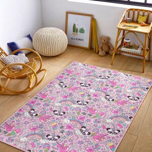 Kawaii Panda Rug - Pink Kids Playroom Carpet with Rainbows - Hearts | Soft Non-Slip Nursery Mat | Cute Girl Gift or Baby Shower Decor