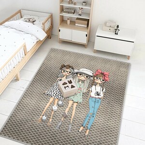 Trendy Girls Room Rug, Stylish Teen Girl Cartoon Carpet, Soft Gray Nursery Mat, Kids Bedroom Decor, Tween Playroom Area Rug