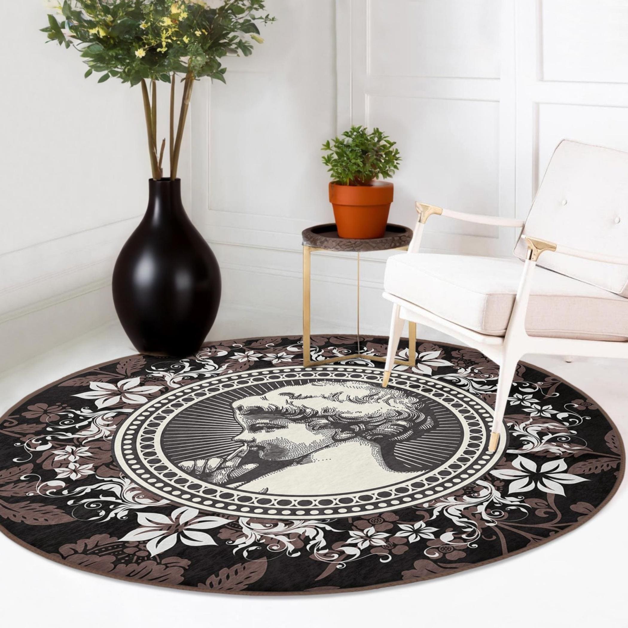 Roman Rug Round Vintage Statue Round Rug: Black Floral Roman Bust Carpet - Etsy