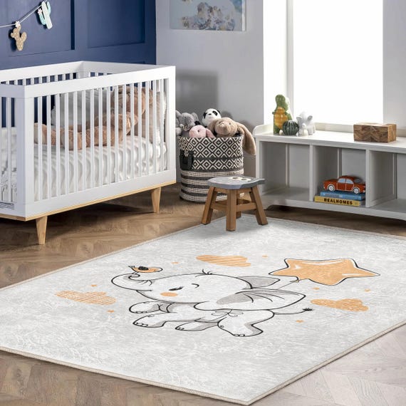 Elephant Nursery Rug: Soft Baby Play Mat With Stars Bird