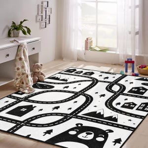 Kids Road Map Rug Black White Town & Mountain Playmat Modern Play Rug Black and White Town Scene for Kids Room
