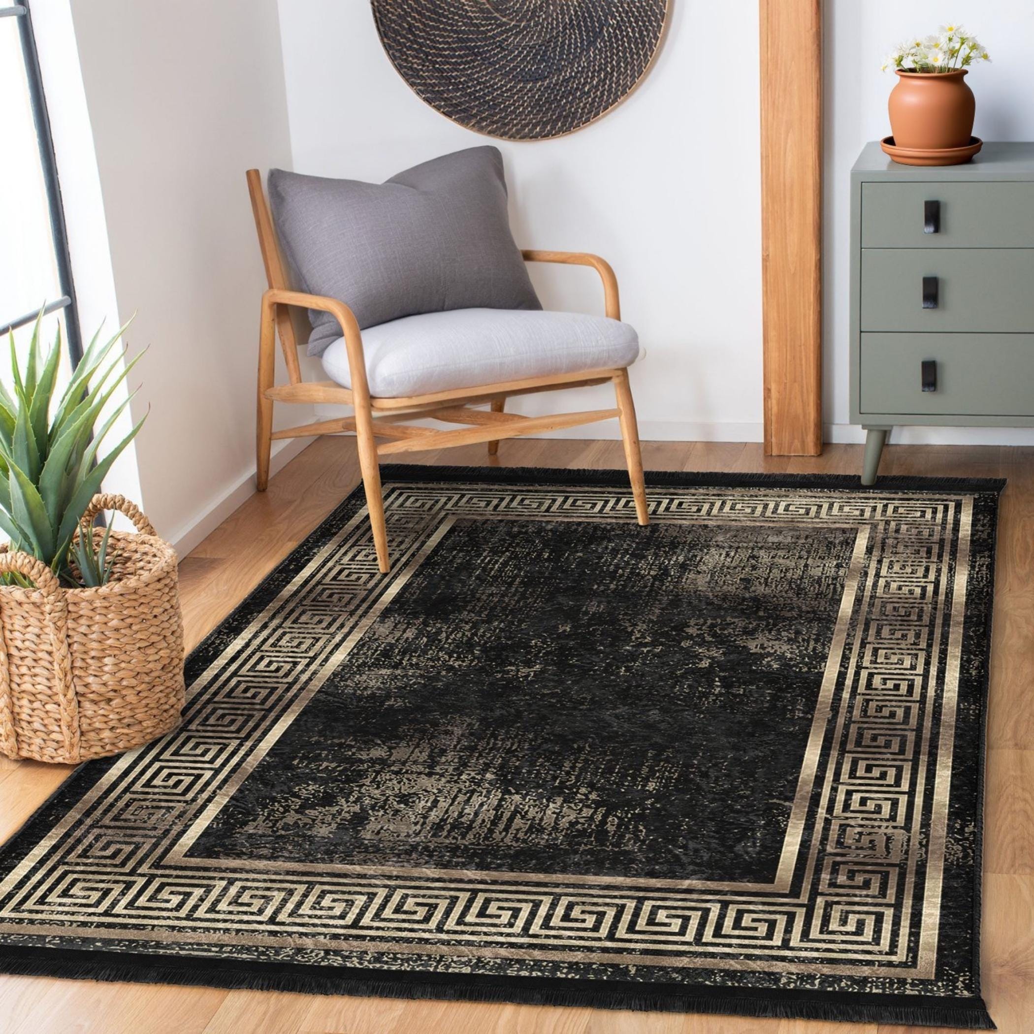 Greek Key Gold Rug Luxury Black Gold Greek Key Area Rug | Distressed Modern Meander Border ...
