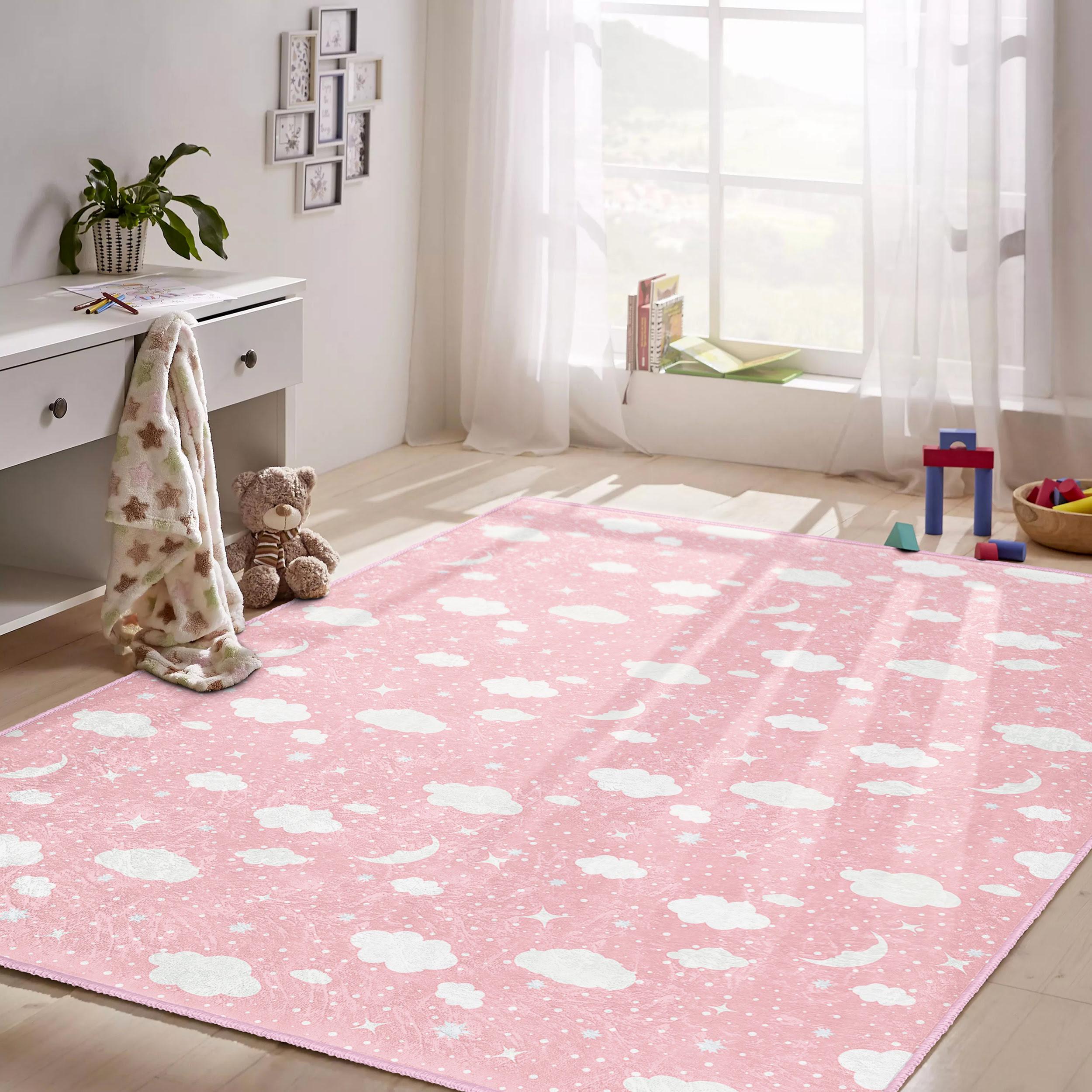 ピンククラウド ナーサリーラグ - ソフトな子供用カーペット、月と星柄