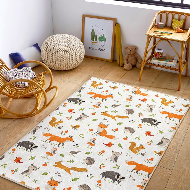 Alfombra caprichosa con animales del bosque – Alfombra suave para habitación infantil con zorro, ciervo y erizo – Tapete para sala de juegos infantil – Ideal para baby shower imagen 5