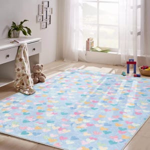 Pastell Herz Kinderteppich - Weicher waschbarer Babyzimmerteppich, blaue Kindergartenmatte, buntes rutschfestes Spielzimmerdekor für Mädchen oder Jungen