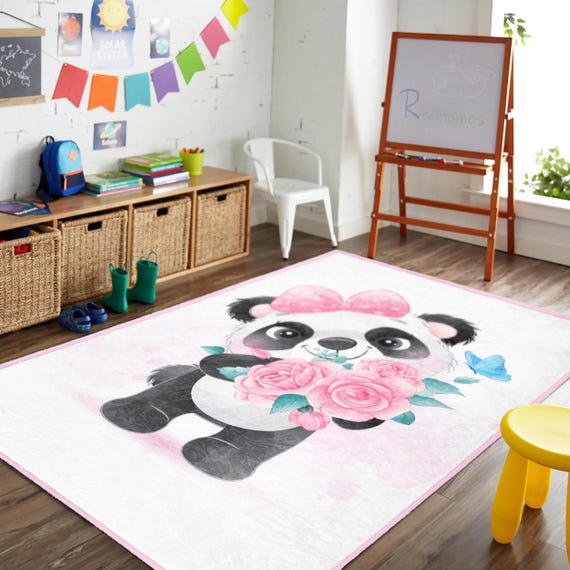 Alfombra de panda con lazo rosa para habitación infantil, suave