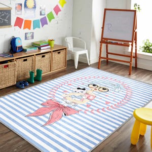 Striped Girl - Cat Rug – Cute Cartoon Carpet with Pink Bow - Hearts – Soft Non-Slip Area Rug for Kids Room, Nursery or Playroom