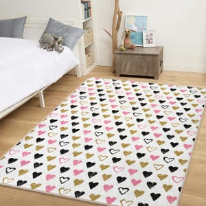 Herz Muster Teppich - Zart Rosa, Gold - Schwarz Kinderzimmer Teppich, niedlichen Baby Mädchen Spielzimmer oder Kinderzimmer Matte, moderne Kleinkind Bodendekoration