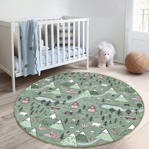 Forest Adventure Round Rug – Woodland Mountain Play Mat for Kids Room, Animal Farm Carpet, Soft Baby Nursery & Playroom Decor