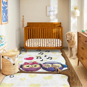 Cute Owl Rug for Kids Room – Cartoon Animal Carpet with Music Notes - Hearts, Soft Nursery Mat, Baby Shower Gift Idea