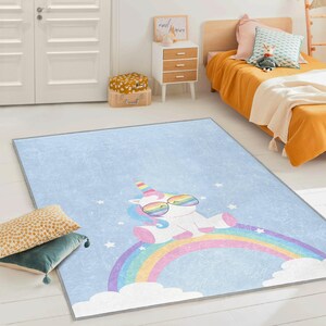 Einhorn Regenbogen Teppich, Kinderteppich, Kinderteppich, Spielmatte, Pastellfarbener Spielteppich für Kleinkinder