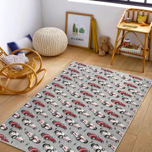 Race Car Kids Rug – Red - Gray Boys Room Carpet with Vintage Racing Cars, Soft Playroom Mat, Toddler Nursery Floor Decor for Kids